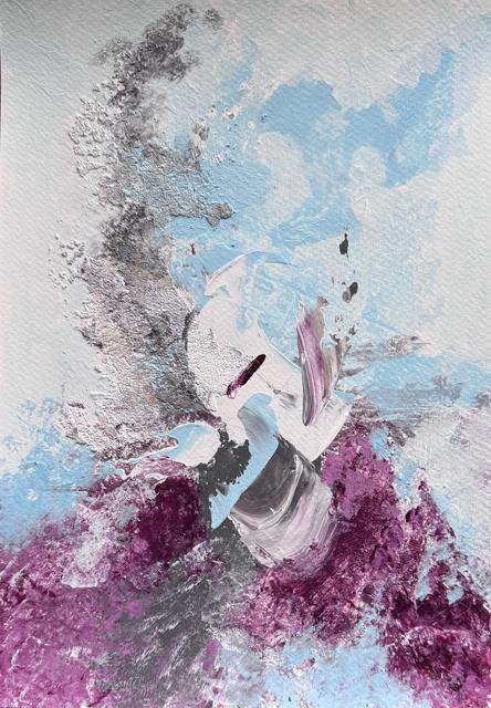 Abstract painting with a pale blue and white sky above, a grey, crumbly textured area on the left and a deep magenta ground below with a white swirl at the centre.