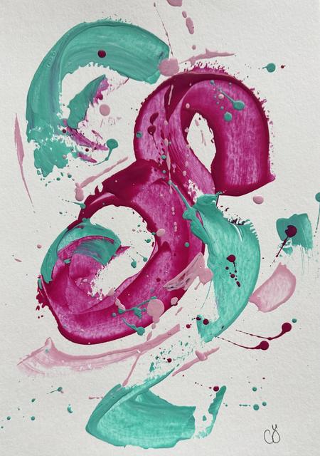 Abstract painting of looping strokes in magenta and mint green with soft pink accents and fine splatters.