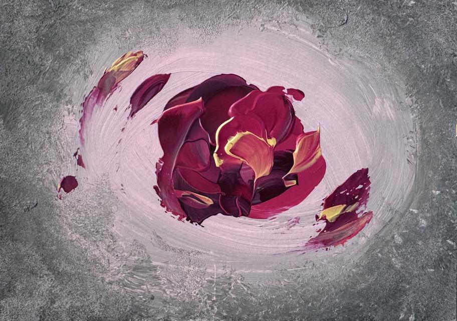 Abstract painting of a deep magenta, flower-like form on a pale pink swirl against a textured grey ground.