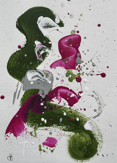 Abstract painting of a wavy olive-green ribbon with magenta, grey and white shapes and fine splatters, signed at the lower left.