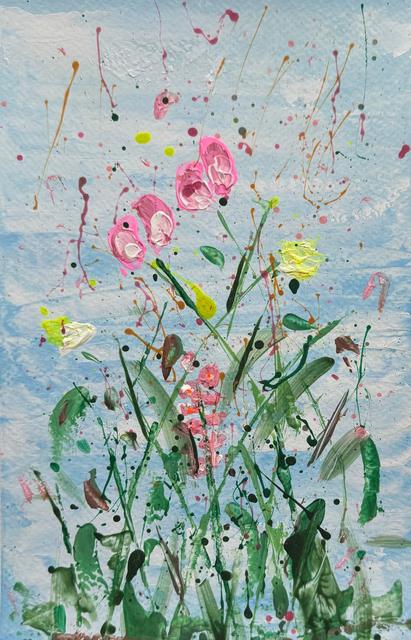 Abstract meadow of pink, yellow and white flowers and green grasses under a light blue, cloudy sky, with fine splashes of pink, orange and dark green paint.