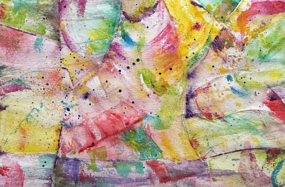 Bright, crinkled watercolour in pink, yellow, green and violet with small dark blue dots.