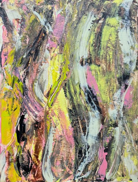 Gestural abstract painting in neon yellow, lime and pink, with white, black and brown strokes flowing from top to bottom.