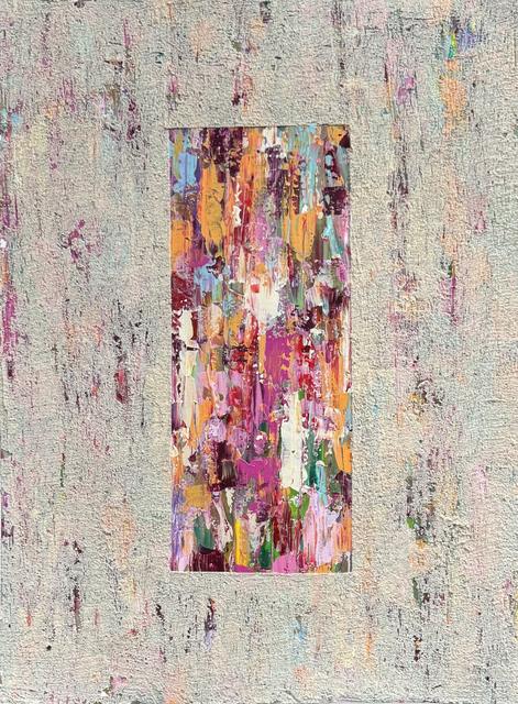 Abstract painting with a rough, grey-beige textured surface around a tall rectangle of vertical strokes in orange, magenta, pink, turquoise and white at the centre.