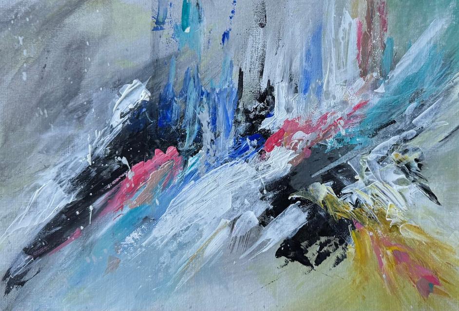 Energetic abstract painting with diagonal strokes of black, white, blue and pink that burst into yellow at the lower right.