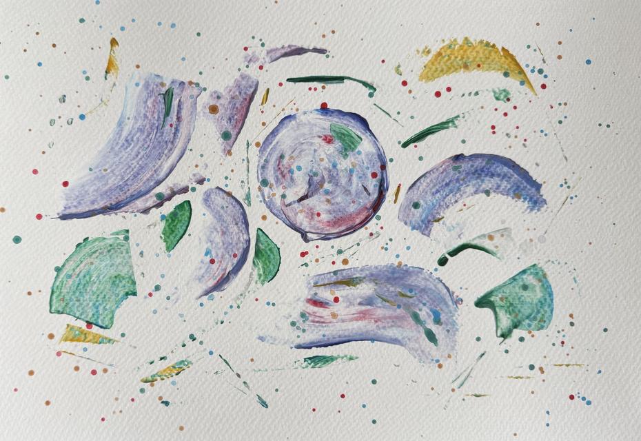 Abstract painting of lilac-blue crescent strokes around a round shape at the centre, with green marks and small coloured dots across the paper.