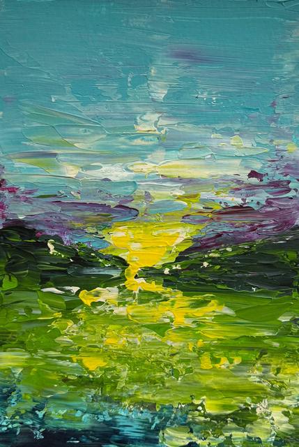 Abstract landscape with a turquoise sky streaked with violet, a bright yellow light reflected in green water, and dark green hills.