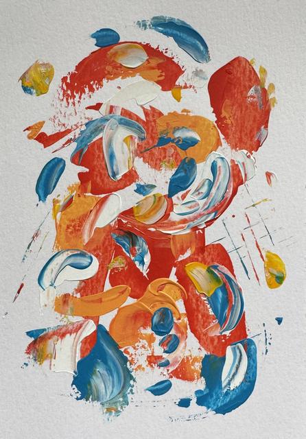 Abstract painting of loose crescent strokes in red-orange, white and blue with yellow accents, stacked in a column.