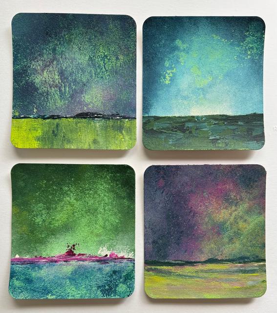 Four small paintings in a grid, each a landscape with a deep teal and violet sky above a lime-green or teal field and a thin dark horizon, with a magenta strip along the horizon in the lower left one.