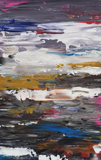 Abstract painting of horizontal bands in charcoal, grey and white with streaks of ochre gold, blue, red and pink.