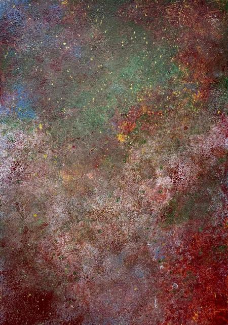 Textured abstract painting with red, green and pink speckles over a dark ground.