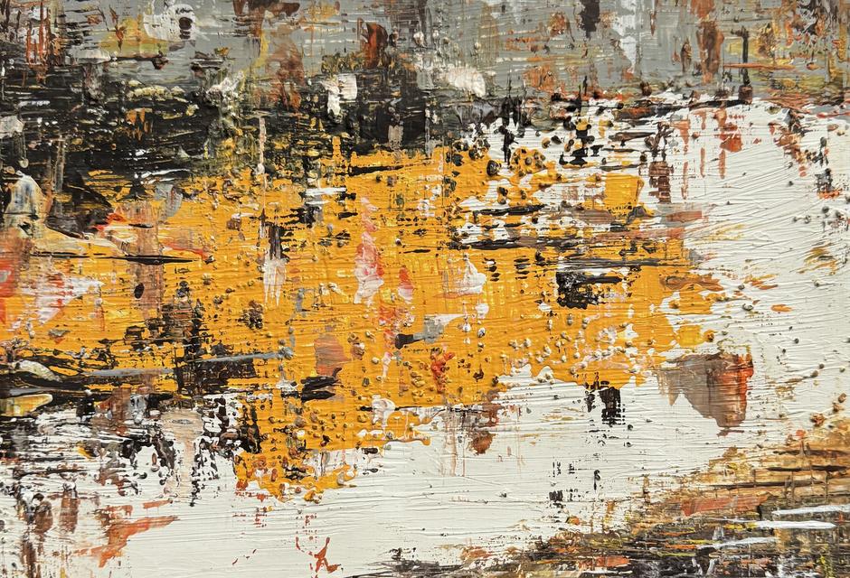 Abstract painting with a bright orange-yellow area at the centre, surrounded by black, brown, grey and cream, with small raised grains of coffee.