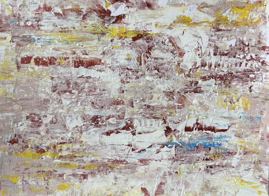 Abstract painting of creamy white and pale pink layers scraped over deep red, with yellow and blue accents and fine white splatters.