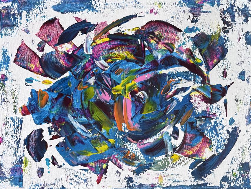 Dense abstract painting of a swirling mass in deep blue, magenta, pink and yellow, framed by bare white paper with rough blue marks at the edges.