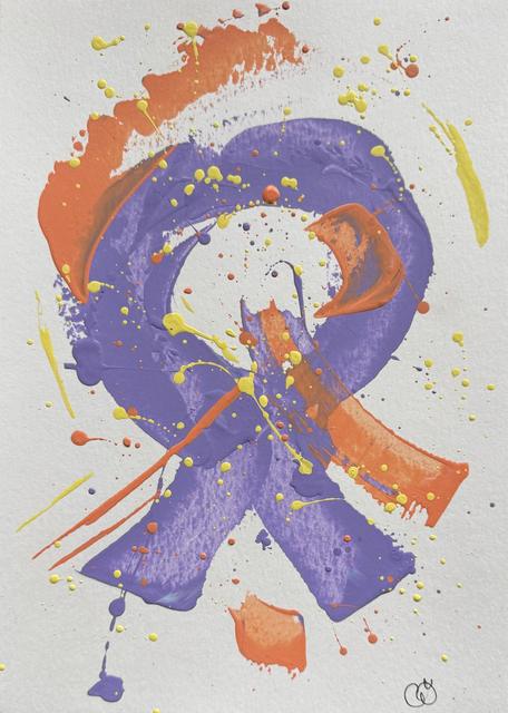 Abstract painting of a lilac-purple loop crossed by orange strokes, with yellow and orange splatters.