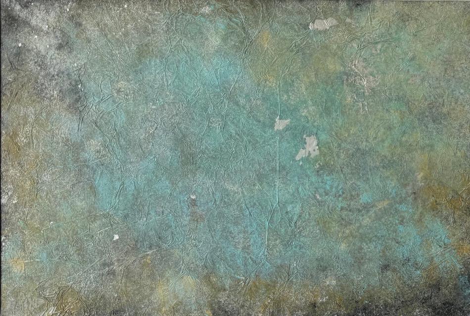 Abstract painting on crinkled foil in layered turquoise, green and ochre, with fine creases across the surface and small silver patches showing through.