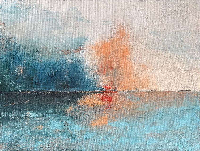 Abstract landscape with dark blue trees on the left, a soft orange burst in a pale sky and its reflection in blue water below a dark horizon.