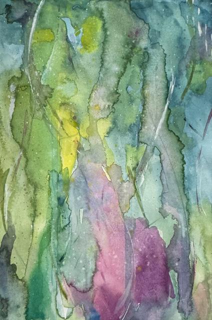 Flowing watercolour in layered green, teal and yellow, with a warm pink and violet area at the bottom.