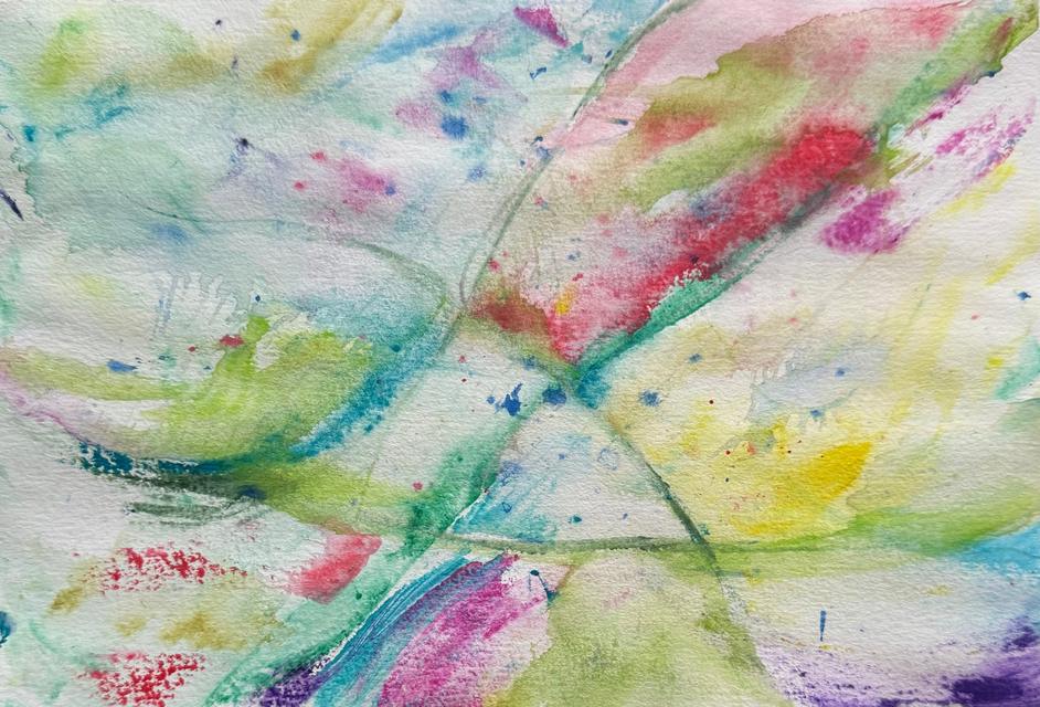Light watercolour in mint, pink, red, yellow and blue, with fine green lines crossing in the centre.