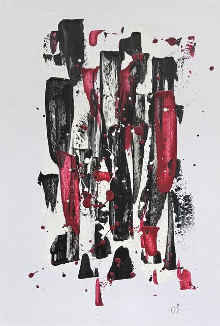 Abstract painting of tall black and crimson vertical strokes with white splatters on grey-white paper.