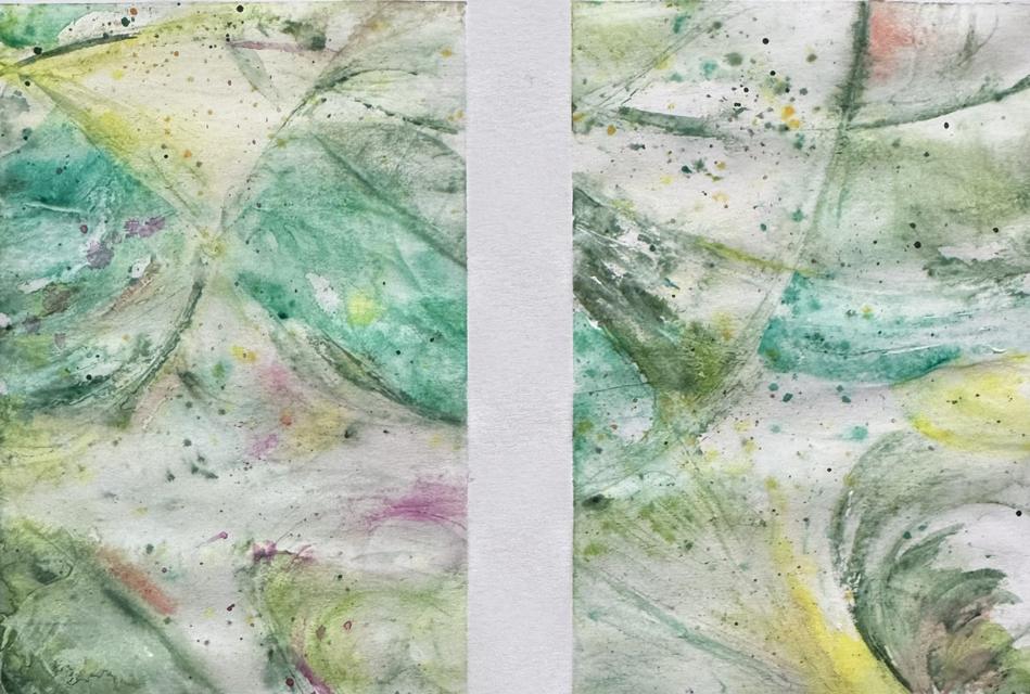 Soft watercolour in green, teal and yellow with fine crossing lines and small splatters, divided by a vertical stripe of bare paper.