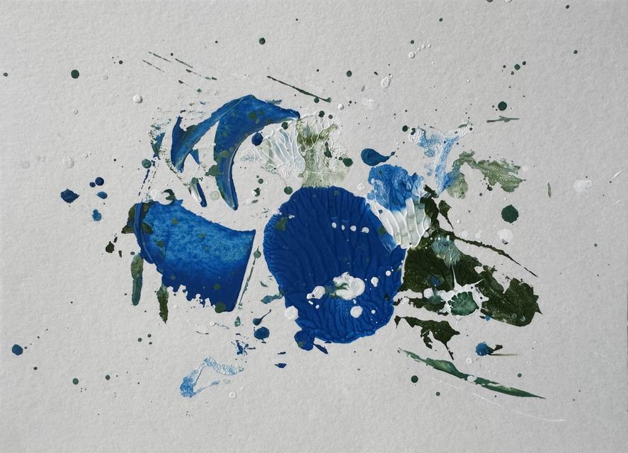 Abstract painting with a large deep-blue disc and a blue wedge beside dark green marks, white paste and fine green and blue splatters on grey-white paper.