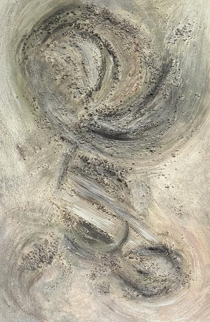 Abstract painting of soft swirling brush strokes in cream, grey and sage, with rough clusters of ground coffee forming raised, grainy trails.
