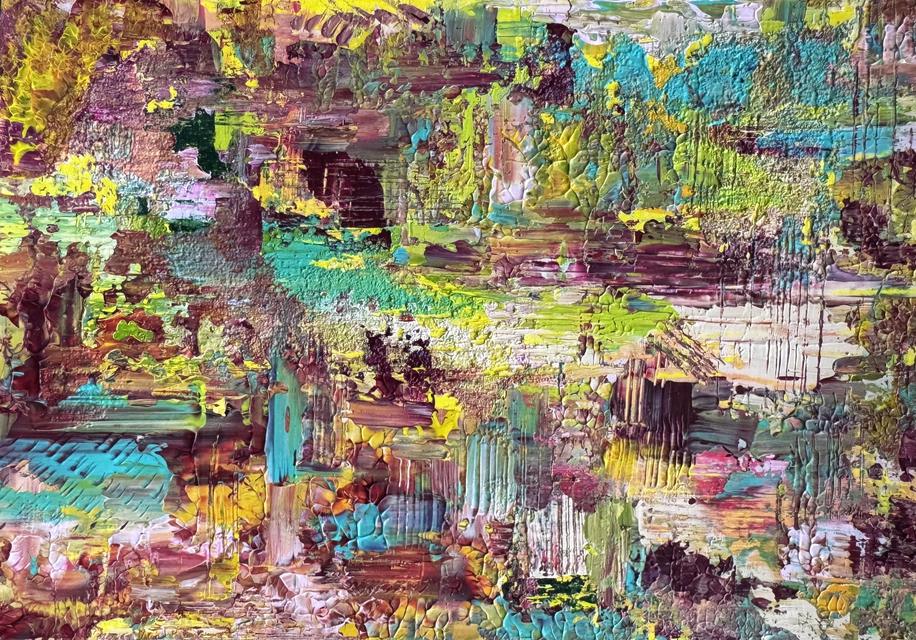 Heavily textured abstract painting in plum, olive, lime green, turquoise and yellow, with a cream area and a small roof-like shape at the lower right.