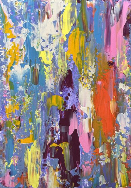 Abstract painting of vertical strokes in blue, lilac, yellow, orange, pink and deep plum, with a large neon red-orange area on the right.