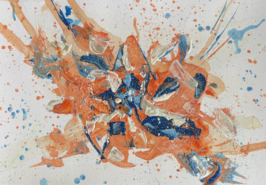 Abstract painting in which thick orange, blue and white paint bursts outward from the centre, surrounded by orange and blue splatters.