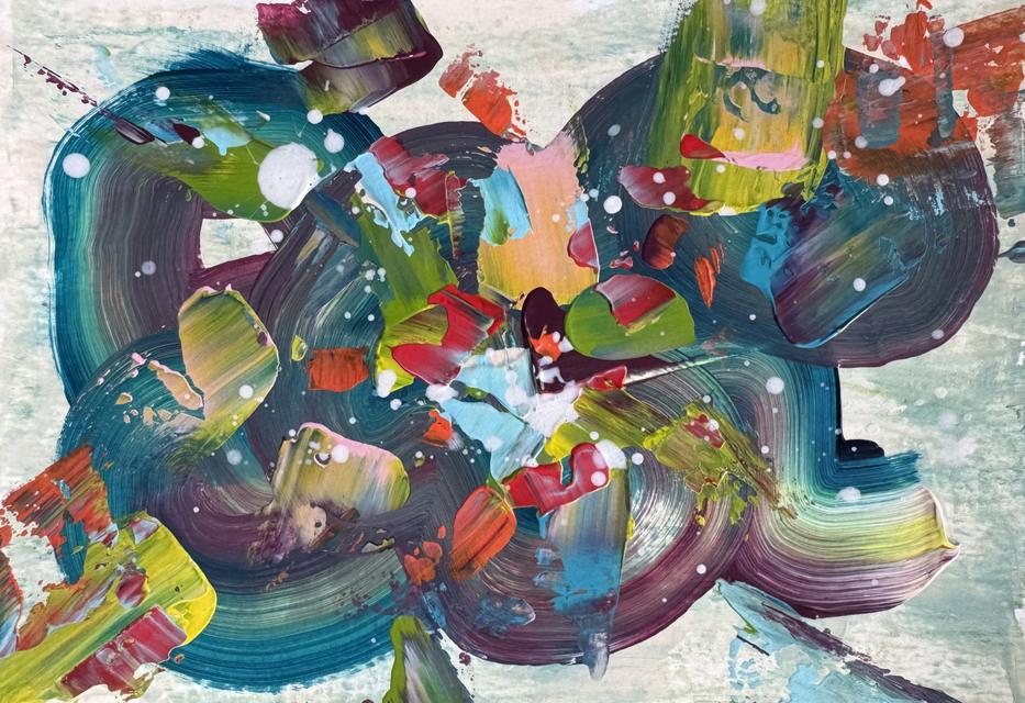 Abstract painting of looping teal and plum brush swirls with lime, red and pink shapes and white drops on a pale mint ground.