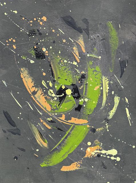 Abstract painting on a dark grey ground with a sweeping green curve, peach and pale yellow strokes, black marks and fine splatters.