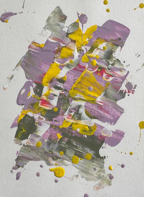 Abstract painting of thick, scraped strokes in lilac, yellow, olive green, white and pink, with yellow and lilac drops splashed across bare white paper.