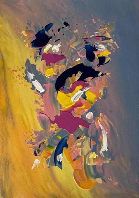 Abstract painting of dark navy, magenta, yellow and white shapes on a diagonal ground, golden yellow at the left and blue-grey at the right.