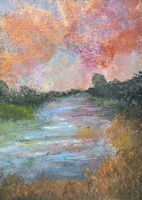 Abstract landscape of a calm river at sunset, with a pink and orange sky above dark green trees and warm reeds in the foreground.