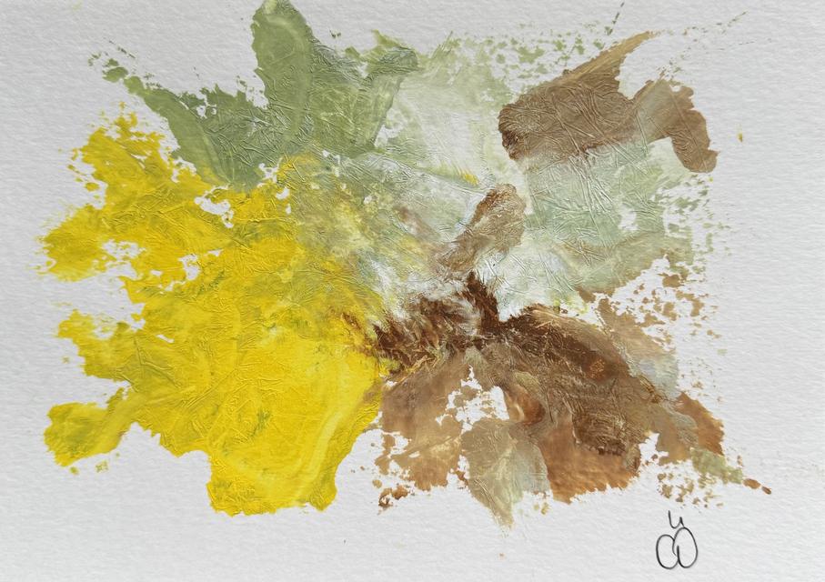 Abstract painting of thick, torn shapes in yellow, sage green and brown spreading outward from the centre of cream paper. The title is Swedish for 'Every break is the beginning of a new form.'