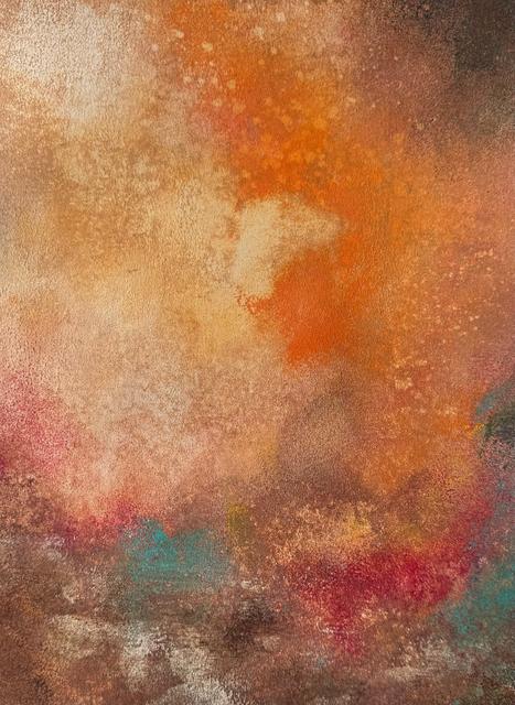 Soft, textured abstract painting in glowing orange and peach with pink, teal and dark brown accents.