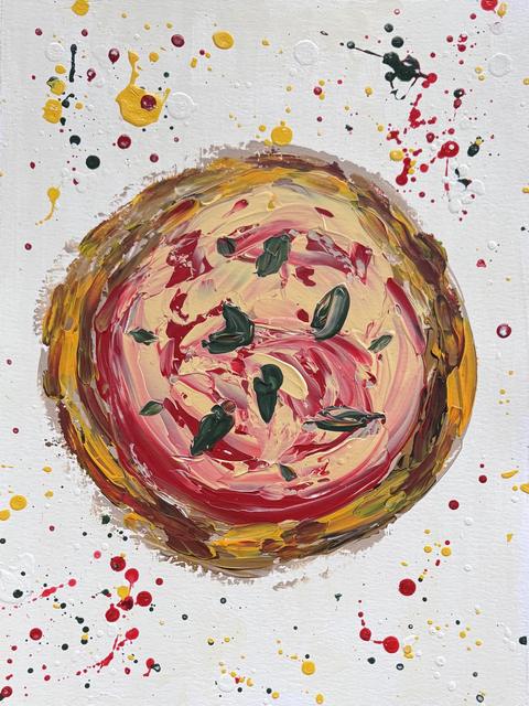 Painting of a round, thick-layered disc in red, cream and ochre with dark green leaf-like marks, like a pizza, on white paper scattered with red, yellow and green splatters.