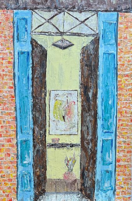 Thickly textured painting of an open doorway between blue shutters and orange brick walls, with a framed picture and a small vase of flowers inside a pale yellow room.