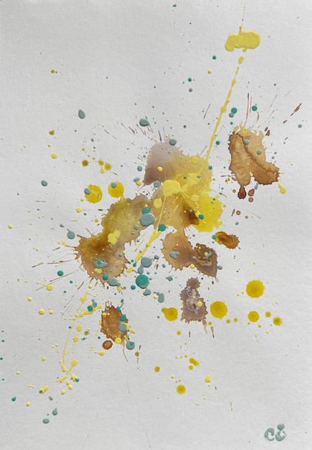 Watery abstract painting of yellow, ochre and brown blots with teal and grey droplets and a thin yellow line running diagonally across the paper.