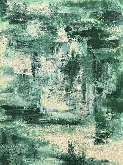 Textured abstract painting in layers of green, with rough cream patches of modeling paste and scraped dark green marks.