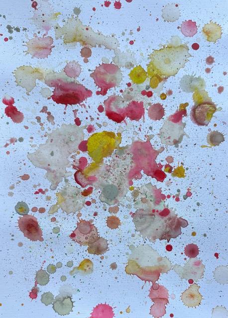 Splashes and drops of red, pink, yellow and grey paint scattered across white paper, like petals falling.