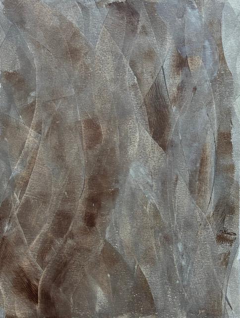 Calm abstract painting of translucent, overlapping curved layers in grey and warm brown, like feathers or leaves.