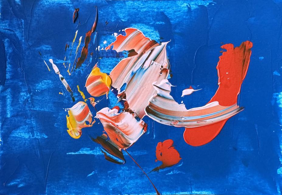Abstract painting of a bold white, coral and yellow brush stroke with a curved red mark on a deep blue ground.