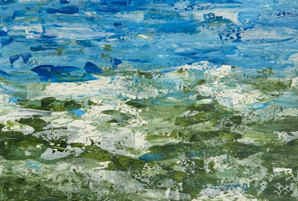 Abstract painting with a streaky blue sky above patches of green, teal and white, like waves breaking on a shore.