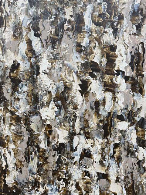 Thick, scraped abstract painting in dark brown, black, cream and white, with organic shapes that suggest figures and faces.