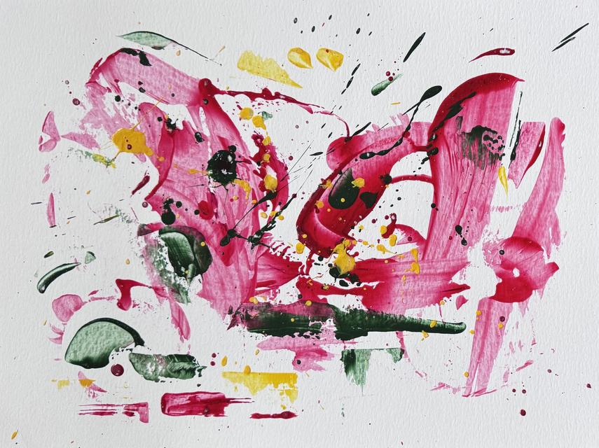 Abstract painting of bold pink and magenta strokes with dark green and yellow marks and splatters.