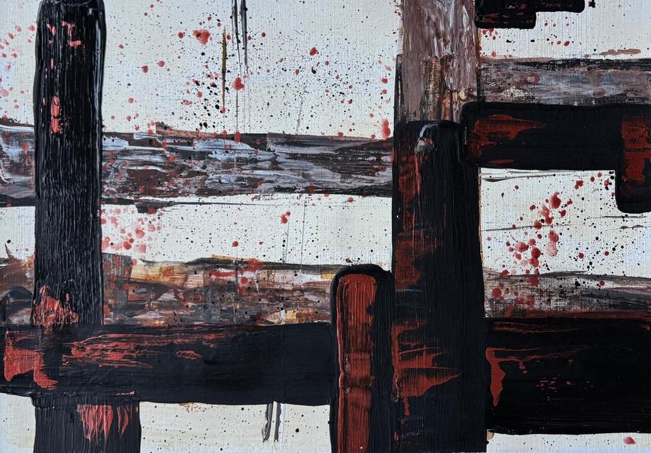 Abstract painting of heavy black beams with red marks crossing a pale ground, scattered with red and black splatters.