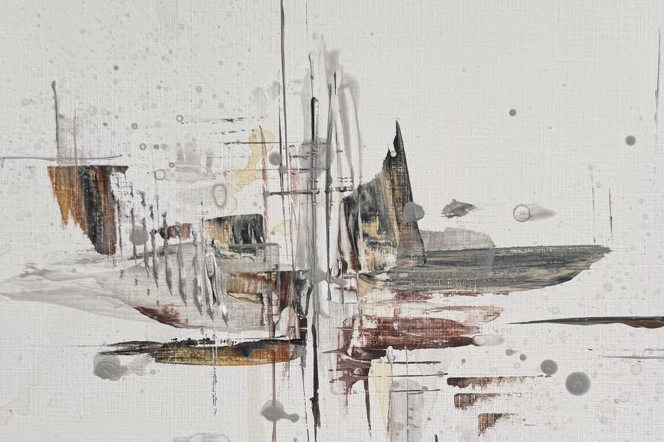 Pale, sparse abstract painting on white paper with thin vertical grey lines like masts, ship-like forms in brown, ochre and charcoal, scraped horizontal strokes and scattered grey drops.