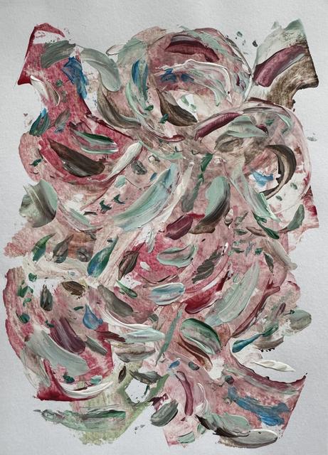 Abstract painting of swirling, overlapping strokes in rose pink, mint green, brown and blue that cover most of the paper.